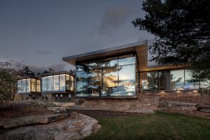 Georgian Bay Modern Cottage Glass and Stone Facade